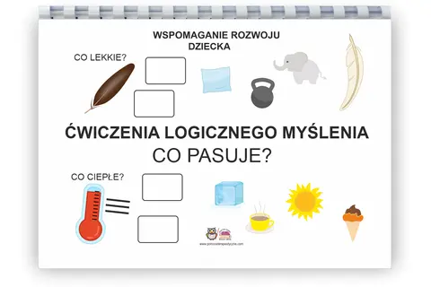 Zadania na logiczne myślenie dla dorosłych: dopasuj piórko do pustego pola, a termometr do drugiego. Obok są inne obrazki do dopasowania.