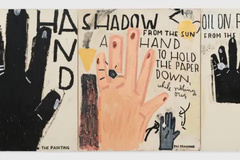 Rose Wylie's triptych features bold, childlike paintings of hands, text, and abstract shapes, exploring themes of art and perception.