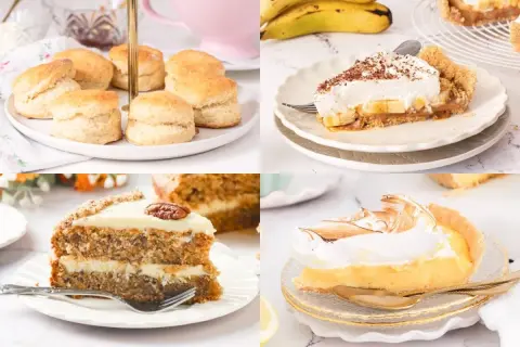 Un surtido de deliciosos postres ingleses: scones, tarta de plátano, tarta de zanahoria y tarta de limón con merengue.