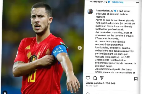 Eden Hazard w czerwonej koszulce reprezentacji Belgii z opaską kapitana.