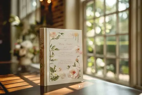 Un livret de cérémonie laïque orné de roses délicates, prêt à guider les invités à travers ce moment unique.