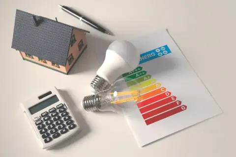 Casa, lampadine LED e classificazione energetica: tutto per il risparmio energetico. Calcolatrice e penna per pianificare.