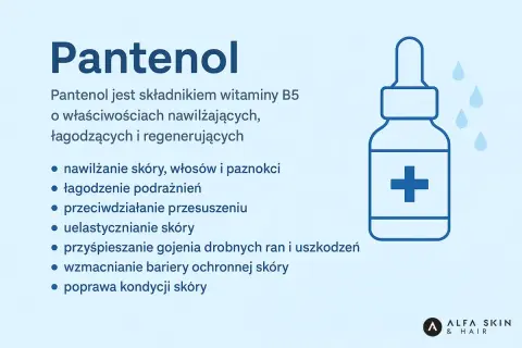 Panthenol co to? Witamina B5 o działaniu nawilżającym, łagodzącym i regenerującym skórę, włosy i paznokcie.