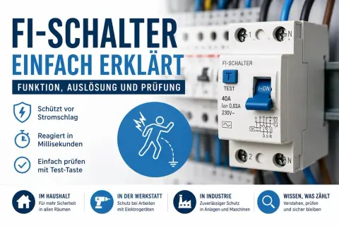 FI-Schalter erklärt: Schutz vor Stromschlag, schnelle Reaktion, einfache Prüfung der rcd Funktion. Für Haus, Werkstatt und Industrie.