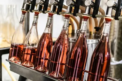 Butelki różowego wina napełniane są automatycznie. Czas, jak długo fermentuje wino, zależy od jego rodzaju i warunków.