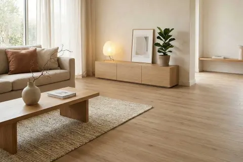 Salón con sofá beige, mesa de centro de madera y alfombra de yute. La decoración japandi se realza con una lámpara de papel y una planta.