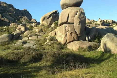 Un moa monte pindo, con rocas gigantes apiladas y vegetación verde bajo un cielo azul claro.