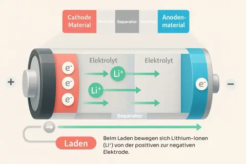 Schema zum Aufbau einer Batterie: Lithium-Ionen (Li+) bewegen sich beim Laden durch den Elektrolyten von der positiven zur negativen Elektrode.