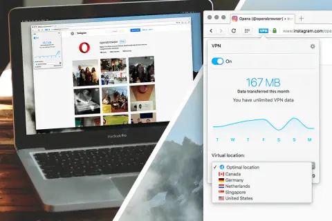 Laptop z przeglądarką Opera, pokazującą Instagram i włączony VPN. Możliwość wyboru lokalizacji wirtualnej.