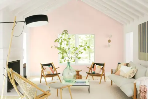 Salotto luminoso con pareti color aragosta tenue, mobili in legno chiaro, un divano beige e sedie con cuscini colorati.