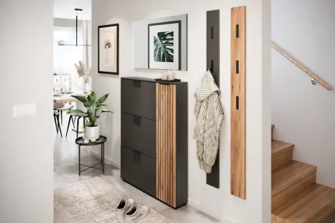 Modernen Flur gestalten: Schuhschrank mit Holzakzenten, Garderobe, Spiegel und Pflanze schaffen ein einladendes Ambiente.