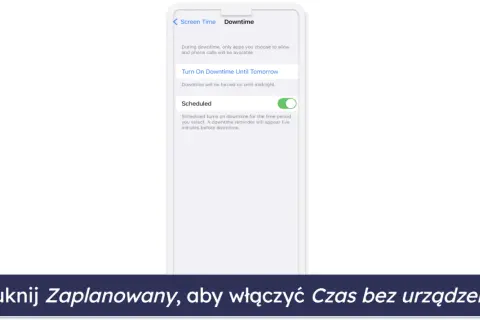 Ustaw kontrolę rodzicielską iPhone: włącz "Zaplanowany" czas bez urządzenia, by ograniczyć dostęp do aplikacji.