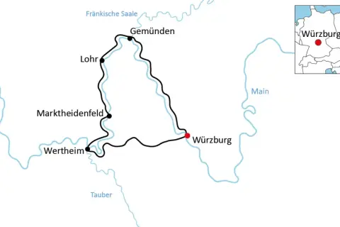 Karte einer Radtour am Main von Würzburg über Gemünden, Lohr, Marktbreit und Wertheim.