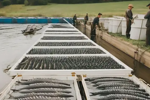 Des esturgeons dans un bassin d'élevage, alignés dans des bacs blancs. Des hommes travaillent à proximité, gérant cette ferme aquacole.
