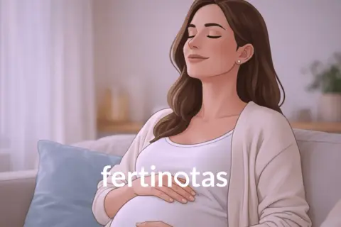 Mujer embarazada relajada en un sofá, con las manos sobre su vientre. Información sobre como ponerte de parto.