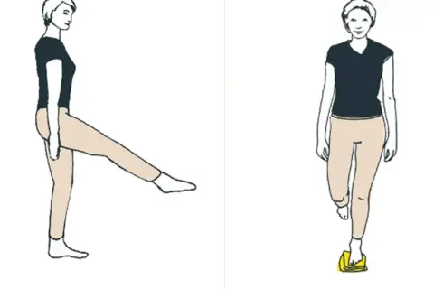Frau trainiert Beinmuskulatur, um knirschen im Knie weg zu trainieren. Übung zur Stärkung der Beinmuskulatur.