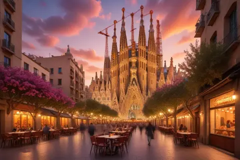 En magisk kväll i Barcelona december. Sagrada Familia lyser upp en livlig gata med uteserveringar och rosa träd.