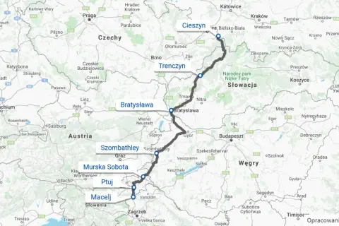 Trasa z Cieszyna przez Bratysławę, Szombathely, Ptuj do Macelja. Zastanawiasz się, ile kilometrów jest do Chorwacji? Mapa pokazuje drogę przez Słowację i Słowenię.