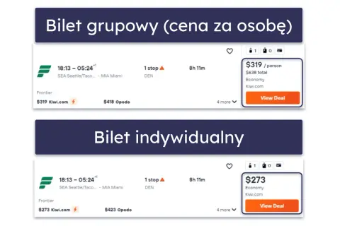 Tanie loty z Kiwi.com: grupowe za $319/os. i indywidualne za $273. Loty z Seattle do Miami z 1 przesiadką.