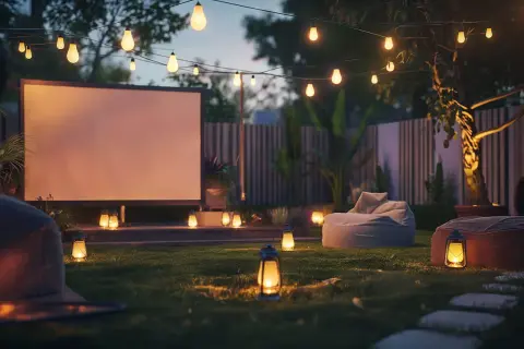 Magiczne kino letnie w ogrodzie. Ekran, wygodne pufy i lampiony tworzą przytulną atmosferę.