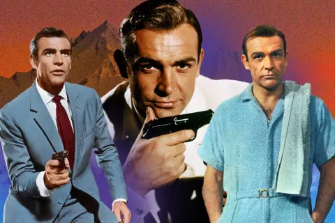 Sean Connery in drei Posen im James Bond Stil: im Anzug mit Waffe, im Bademantel und im Nahaufnahme mit Waffe.