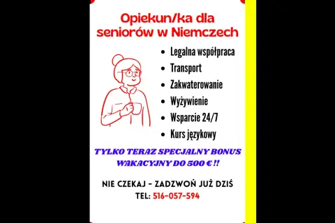 Praca w Niemczech z zakwaterowaniem i wyżywieniem dla opiekunów seniorów. Legalna współpraca, transport, wsparcie 24/7, kurs językowy. Bonus wakacyjny! Zadzwoń!