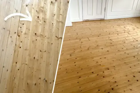 Före och efter-bild på ett trägolv som fått ny lack. Det gamla golvet var matt och slitet, men efter slipning och lackning är det nu blankt och vackert.