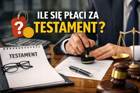 Ile kosztuje spisanie testamentu u notariusza? Na zdjęciu notariusz pieczętuje dokument, obok leżą okulary i notatnik z napisem "TESTAMENT".