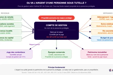Schéma expliquant la gestion des revenus et dépenses d'une personne sous tutelle, incluant le compte de gestion et le budget de poche.