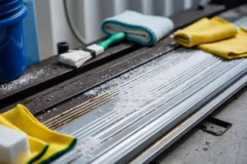 Biały proszek i akcesoria do czyszczenia, w tym szczotka i ściereczki, sugerują, czym wyczyścić aluminium.