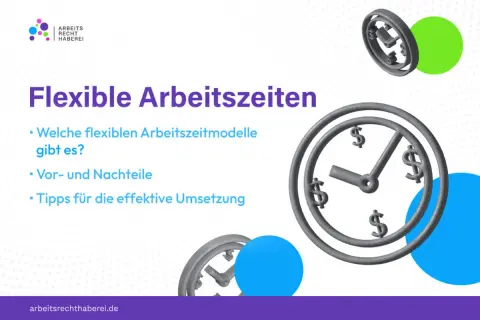 Flexible Arbeitszeiten statt starre Arbeitszeit: Die Grafik zeigt Uhren mit Dollarzeichen, die für flexible Modelle, Vorteile und Tipps werben.