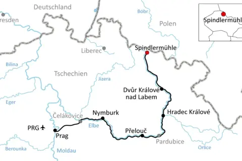 Karte des Elberadwegs in Tschechien, von Prag über Hradec Králové nach Spindlermühle.