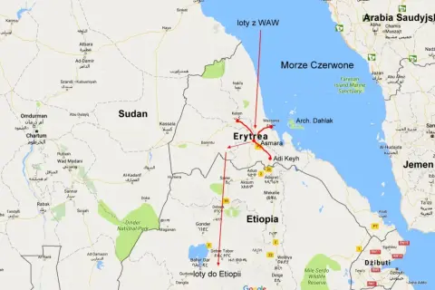 Mapa pokazuje, gdzie leży Erytrea, między Sudanem a Etiopią, nad Morzem Czerwonym. Zaznaczono loty z WAW do Etiopii.