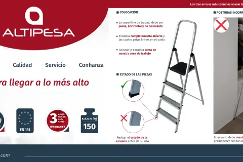 Escalera doméstica Altipesa con peldaños de tamaño adecuado para seguridad. Incluye información sobre colocación, estado de piezas y posturas correctas.