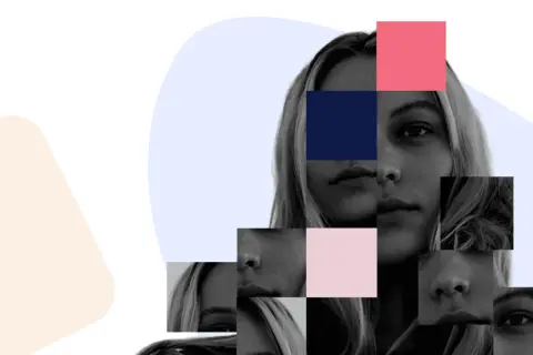 Fragmenty twarzy młodej kobiety układają się w mozaikę, symbolizując drogę do zrozumienia siebie, jak w psychoterapii humanistycznej.