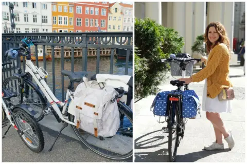 Dwie pary rowerów z sakwami: jedna z białym, wzorzystym bagażem, druga z niebieskimi w białe kropki. Idealne sakwy rowerowe na wycieczkę!