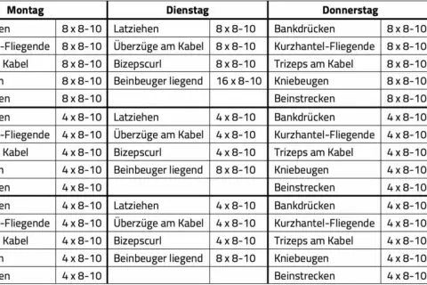 Trainingsplan für Gruppe 1 und 2, mit Übungen wie Bankdrücken und Kniebeugen, jeweils 2 Mal die Woche.