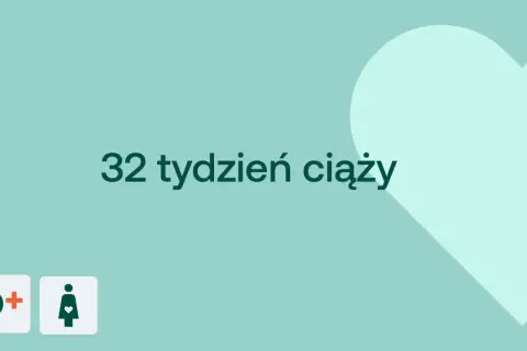 32 tydzień ciąży, czyli 8 miesiąc. Serce i ikony D+ oraz kobiety w ciąży na tle w kolorze miętowym.