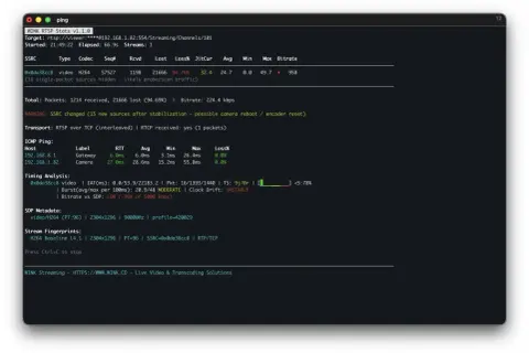RTSP over TCP transport, high packet loss (94.76%) on SSRC 0x0da38cc8, indicating potential network issues.