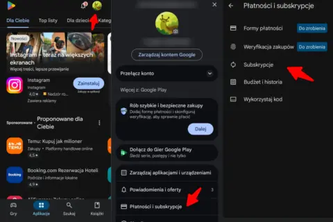 Jak anulować subskrypcję w Google Play? Kliknij w ikonę profilu, potem "Płatności i subskrypcje", a następnie "Subskrypcje".