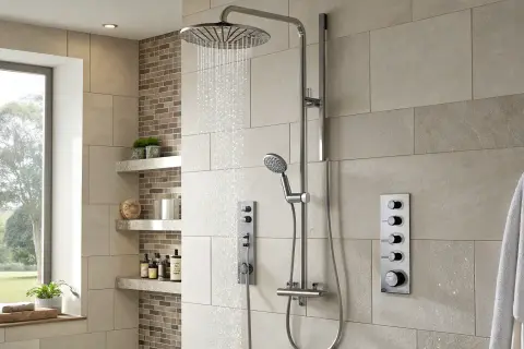 Colonne de douche moderne avec douchette et thermostat, idéale pour choisir sa colonne de douche parfaite.