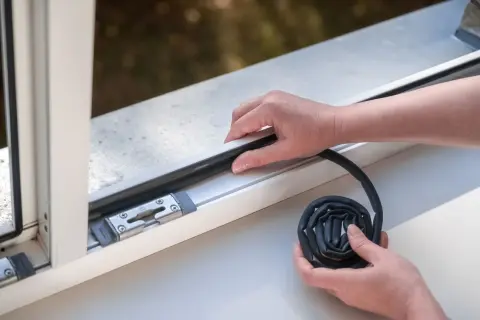 Hände legen eine schwarze Dichtung an ein weißes Fenster, um es abzudichten.