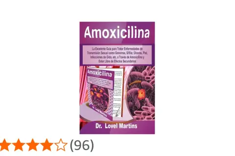 Portada de libro "Amoxicilina", guía para tratar ETS. Ilustra bacterias y el medicamento, como si fuera un tatuaje de ciencia.