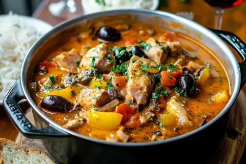 En mustig kreolsk gryta med möra köttbitar, oliver, paprika och tomater, toppad med färsk persilja. Serveras med ris och bröd.