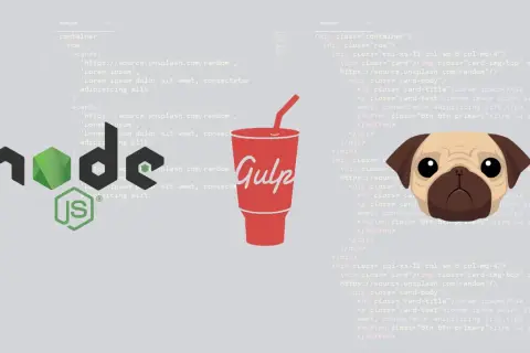 Un pug regarde du code Pug.js, une boisson "Gulp" et le logo Node.js.