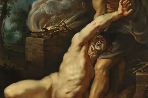 Kain atakuje swojego brata Abla. W tle płonie ołtarz.