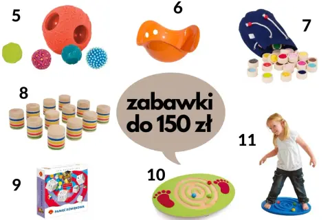 Zabawki wspierające rozwój 10 latka z zaburzeniami integracji sensorycznej: piłki sensoryczne, huśtawka, klocki, gra pamięciowa, labirynt.