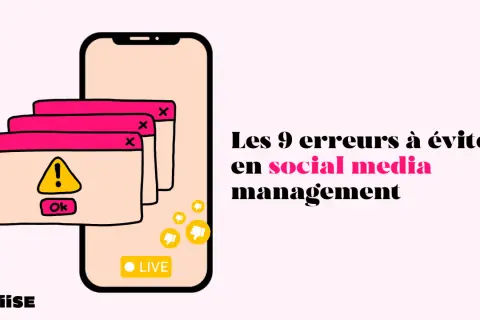 Illustration d'un smartphone avec des pop-ups d'erreur, symbolisant les pièges du social media management. Formation pour éviter ces erreurs.