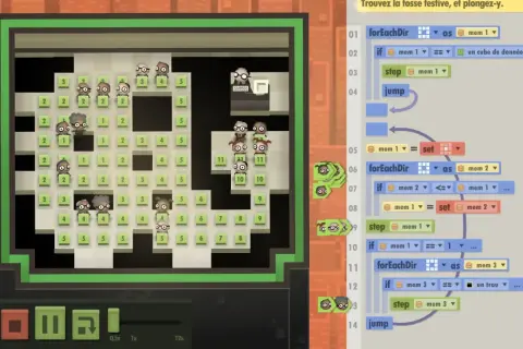 Des personnages s'activent dans un labyrinthe, guidés par des blocs de **jeux de codage** pour trouver un trésor.