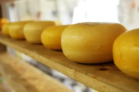 Formaggi tipici campani in lavorazione, rotondi e dorati, riposano su una mensola di legno, pronti per essere gustati.